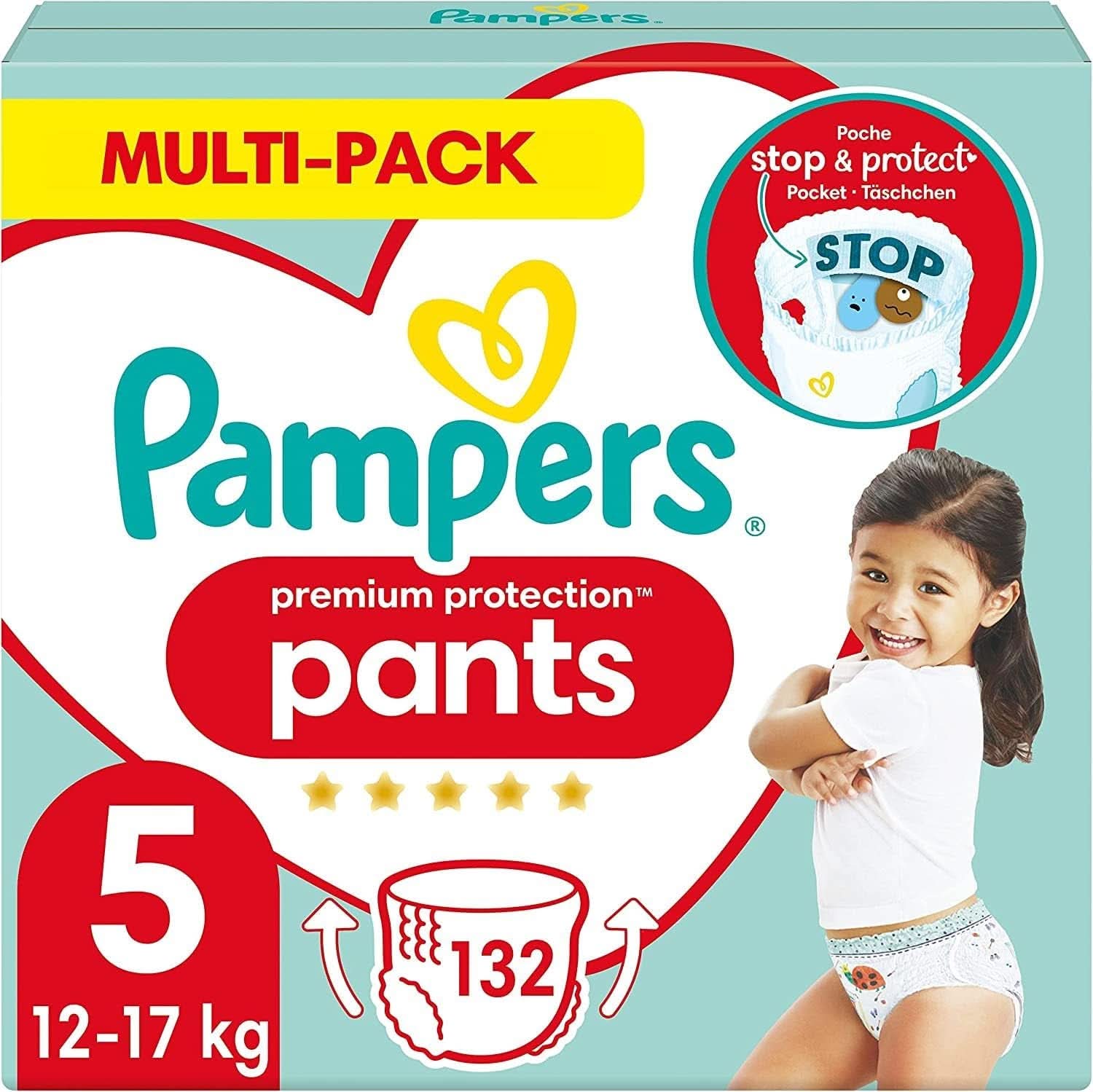 Pampers Baby Nappies Pantaloni mărimea 5 (12-17Kg) Premium Protection, Junior cu buzunar Stop and Protect, 144 scutece Panty Mama si Copilul Naty Shop 5 (132 buc) Clasic