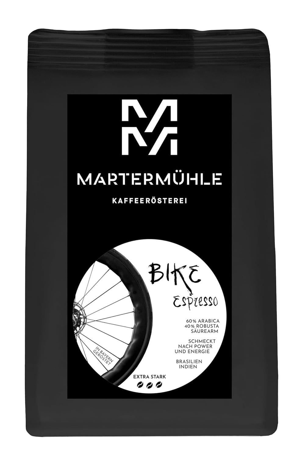 Boabe de espresso Martermühle Bike 500g Strong | Arabica/Robusta | Arome: Nuci de macadamia, ciocolată cu lapte | Boabe de espresso întregi prăjite ușor, aciditate scăzută