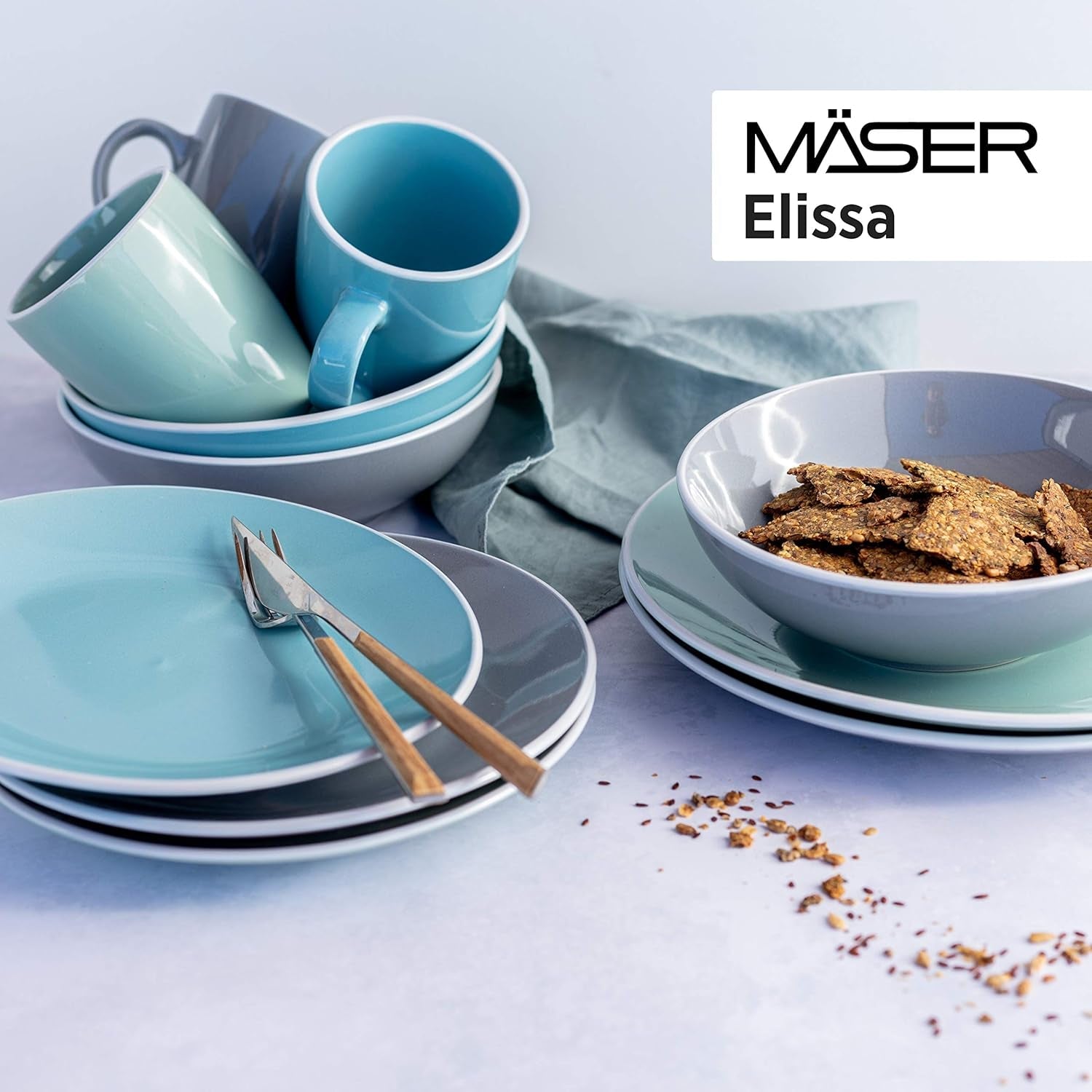 MÄSER 931770 Serie Elissa Modernes Geschirr Set Für 6 Personen in Türkis Mit Weißem Rand, 24-Teiliges Kombiservice, Steinzeug Seturi vesela masa Naty Shop