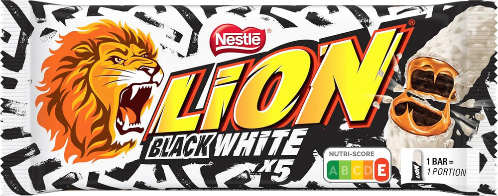 LION Black & White chocolate bar, a snack with an intense taste, crunchy chocolate and crunchy chips, brownie filling, a unique mouth-watering experience, 1 pack (5 x 30g)
