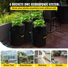 Sistem de creștere hidroponică VEVOR DWC, Sisteme de creștere hidroponică, Cultivare în apă adâncă 4 găleți de 20 de litri, Sistem DWC cu pompă de aer, pietre de aer și indicator al nivelului apei pentru legume cu frunze
