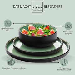 SÄNGER Greenwich | Set de veselă din gresie, 18 piese, Set de farfurii pentru 6 persoane, Set de veselă (6 farfurii de cină, 6 farfurii de desert, 6 boluri), Verde, Rezistent la zgârieturi, Veselă | COLECȚIA VALUE