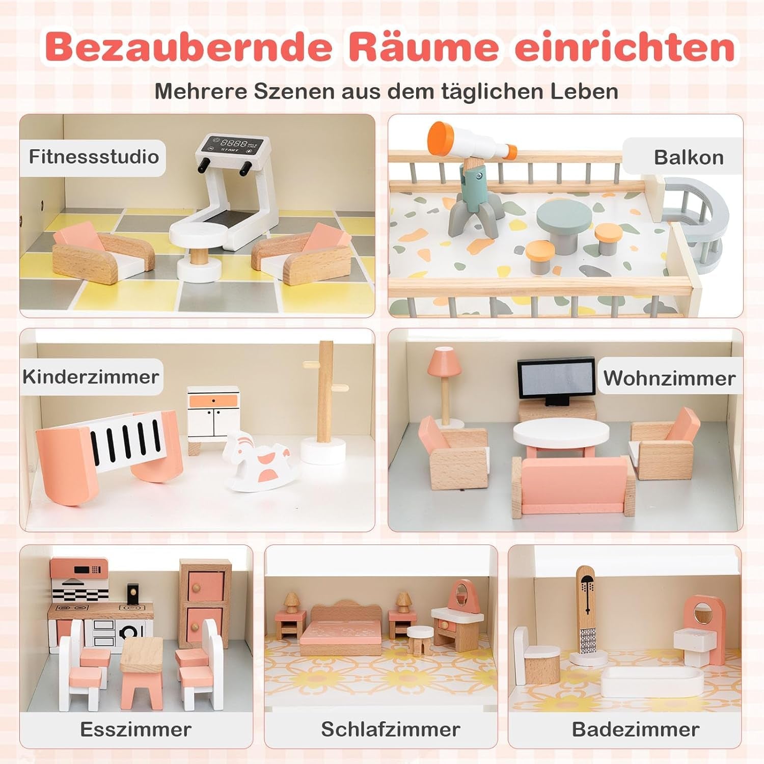 Casă de păpuși din lemn FANTASK, casă de păpuși 94 cm înălțime cu 41 de piese de mobilier și accesorii, vilă de păpuși cu 6 camere, terasă și garaj, cadou pentru fete de la 3 ani Casute de papusi Naty Shop