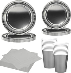 Set de tacâmuri din hârtie argintie, format din 68 de piese, farfurii de hârtie argintii, pahare de hârtie, șervețele, tacâmuri decorative pentru petreceri, zile de naștere, nunți, Revelion, absolviri, articole pentru petreceri