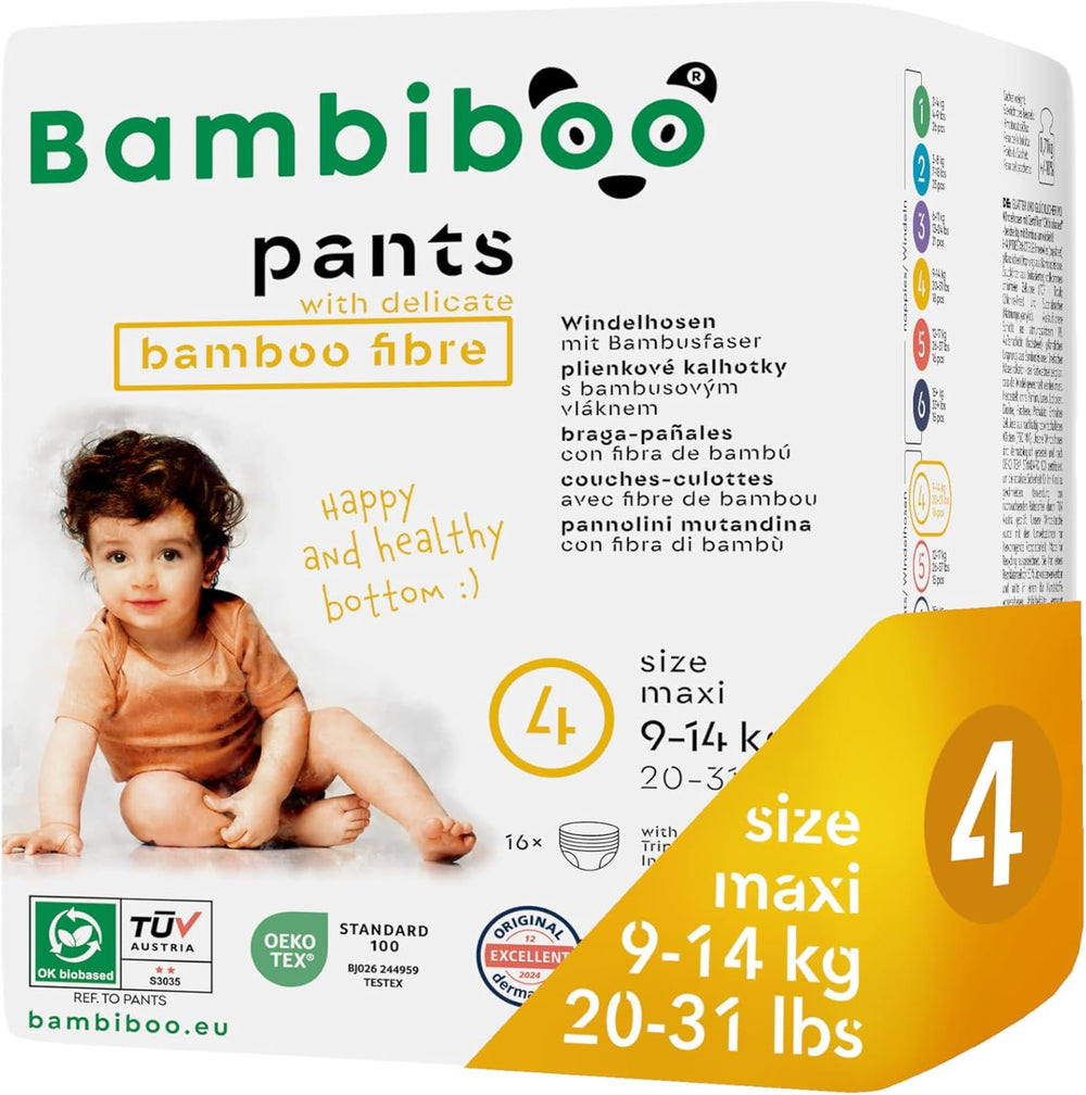 Bambiboo Disposable Diapers, Skin Friendly, Fine Bamboo Fiber - Baby Diaper Panties - Disposable Diaper Covers - Sensitive Skin Protection - Highly Absorbent - Size 4 (Maxi), 16 Pieces