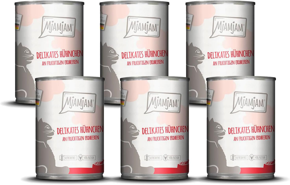 MjAMjAM – Hrană umedă premium pentru pisici - pui delicat cu căpșuni fructate 400g, pachet de 6 (6 x 400g), naturală cu carne suplimentară