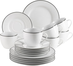 Mäser, seria Nola, serviciu modern de cafea pentru 6 persoane, alb cu margine neagră, set de veselă cu 18 piese, cești de cafea, farfurioare și farfurii de desert - serviciu rotund de cafea, set de cafea, alb