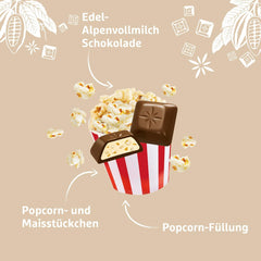Schogetten popcorn 1 chocolate bar x 100g, milk chocolate with popcorn and pieces of corn, practical individual pieces. A delicacy. Piece by piece.