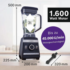 Bosch Standmixer Vitaboost MMBH6P6BDE, 6-Klingen-Edelstahlmesser, 2,5L Tritan-Mixbehälter, Stopfer, 6 Automatikprogramme, Rezeptbuch, Bpa-Frei, Einfache Reinigung, 45,000 U/Min, 1600 W, Schwarz Bucatarie Naty Shop