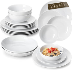 Set de veselă MALACASA pentru 12 persoane, Set de veselă modern din porțelan Amelia, 48 de piese, Serviciu de masă cu 12 farfurii de cină, farfurii de desert, farfurii de sumă și boluri pentru cereale, Set de farfurii modern pentru 12 persoane - Alb
