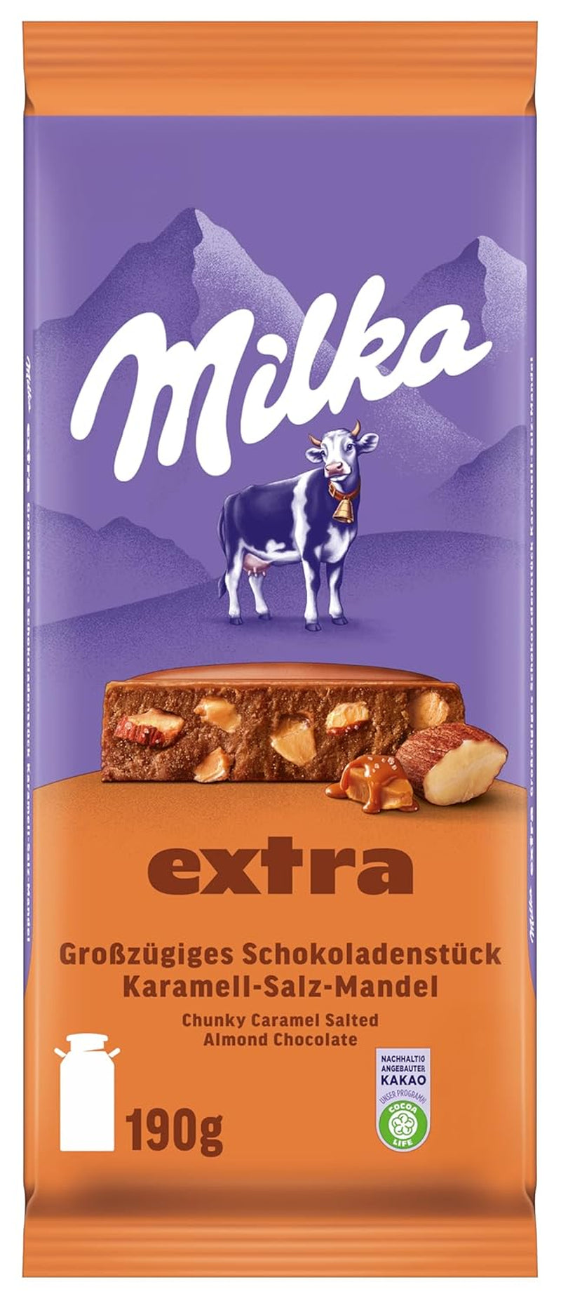 Milka Extra Caramel Salt Almond - Alpine milk chocolate with pieces of caramel, almonds and a pinch of salt - 190g
