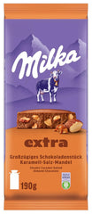 Milka Extra Caramel Salt Almond - Alpine milk chocolate with pieces of caramel, almonds and a pinch of salt - 190g