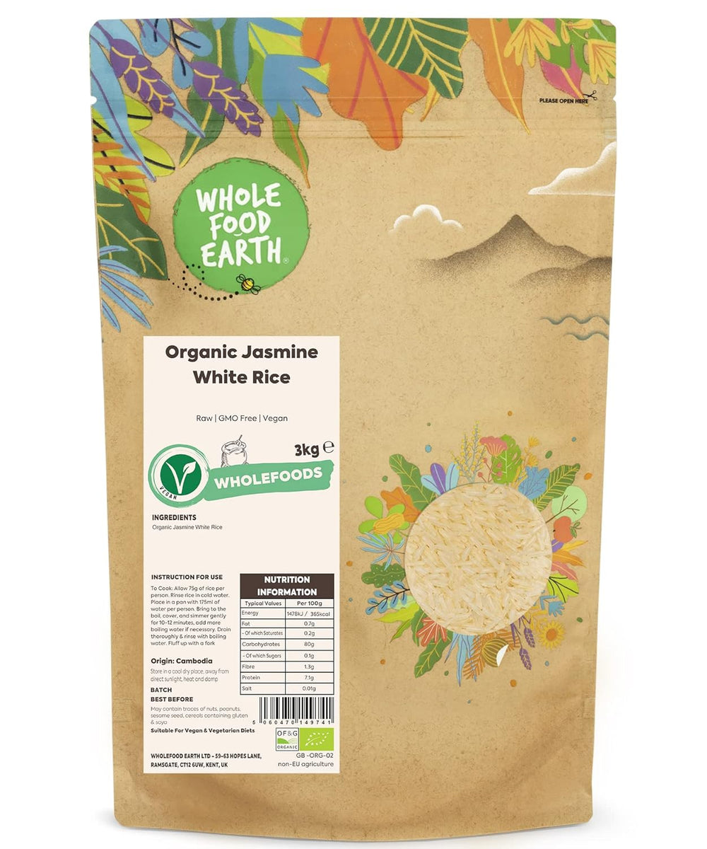 White rice with jasmine Wholefood Earth Organic 3kg Raw | Non-GMO | Vegan | Source of fiber | Certified organic