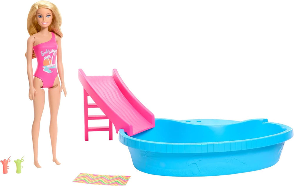 Barbie doll and accessories - pool with slide and accessories for hours of fun in the sun, pink swimsuit with tropical design, for children 3 years and up, HRJ74 Naty Shop Dollhouses Default Title