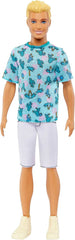 Ken Fashionistas Barbie Doll - Cactus and Palm Print T-shirt, White Shorts and Sneakers, Perfect for Adventures with Friends and Walks Around Town, For Kids 3 Years and Up, HJT10 Naty Shop Dolls Ken Blue Shirt