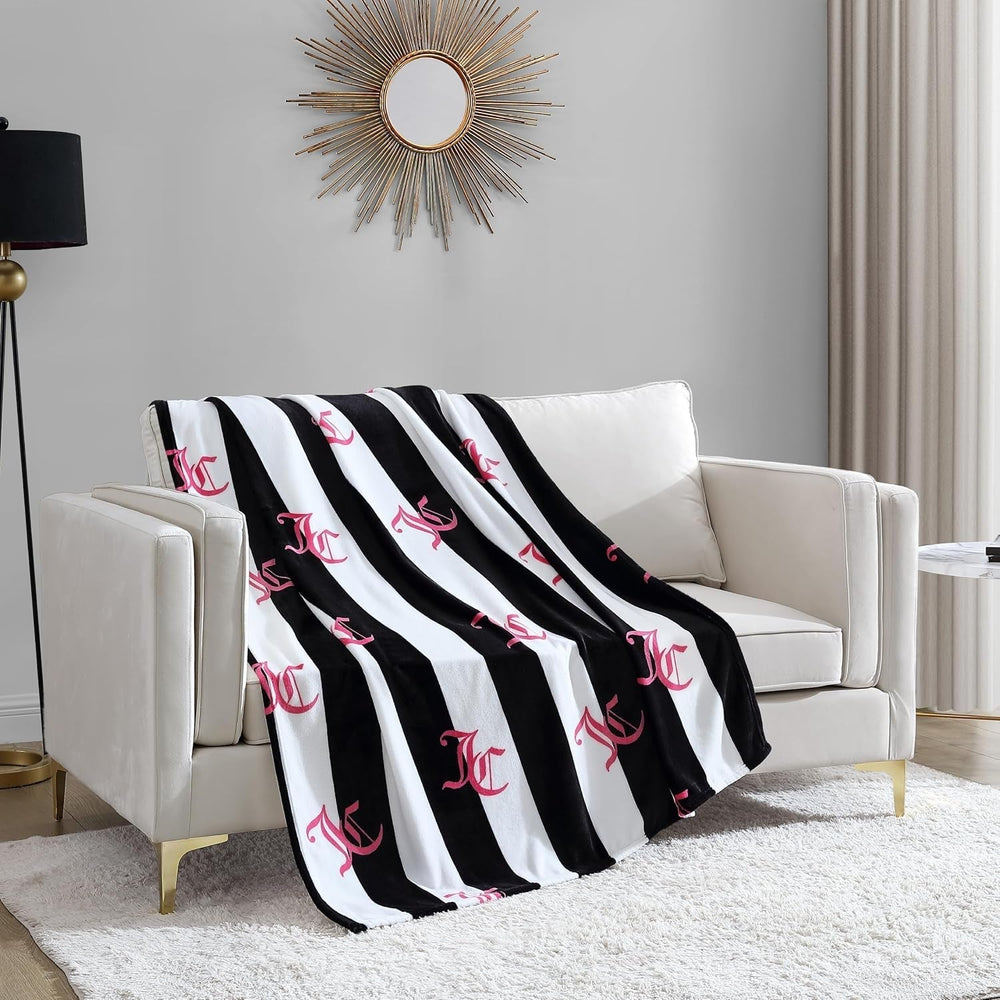 Juicy Couture Cabana Plush Throw Blanket, 127.7 X 178.8 Cm, luxury microfiber plush blanket for maximum comfort and cozy warmth Juicy Couture Beds and Blankets Black 50"X70"