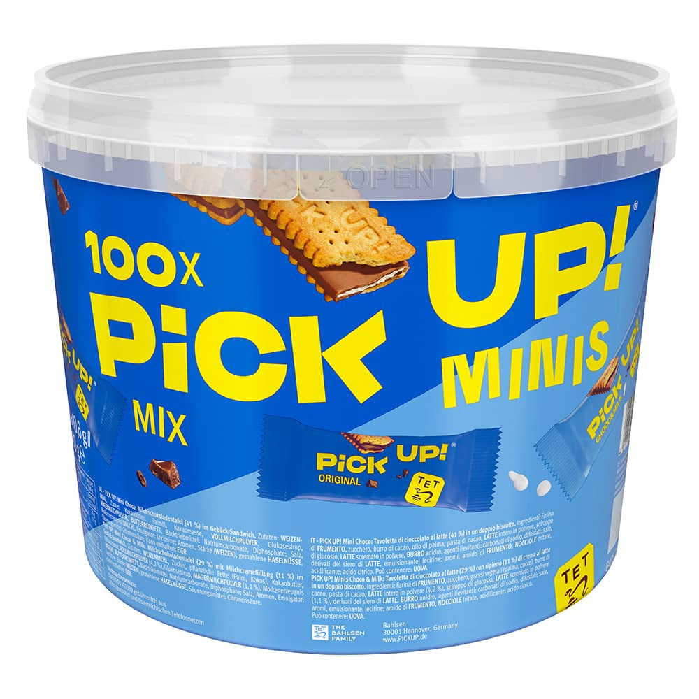 PICK UP! minis Original + Choco&Milk (1 x 1.06 kg), mini snack bars with a crunchy milk chocolate tablet between two biscuits, packs of 100 portions