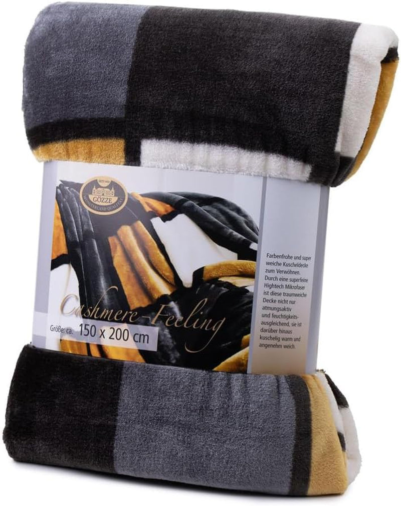 Gözze - Pătură moale și confortabilă, senzație de cașmir, greutate mare a țesăturii 500 G/M², Antigua, 150 X 200 Cm - Muștar/Negru/Alb Paturi si Cuverturi Besuche den Gözze-Store