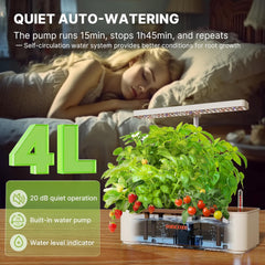 12 Capsules Hydroponic Grow System Kit, 24W LED Indoor Garden Lamp, 4L Water Tank with Silent Pump, Height Adjustable Herb Planter, Indoor Gardening Kit, Gardening Gifts, Beige