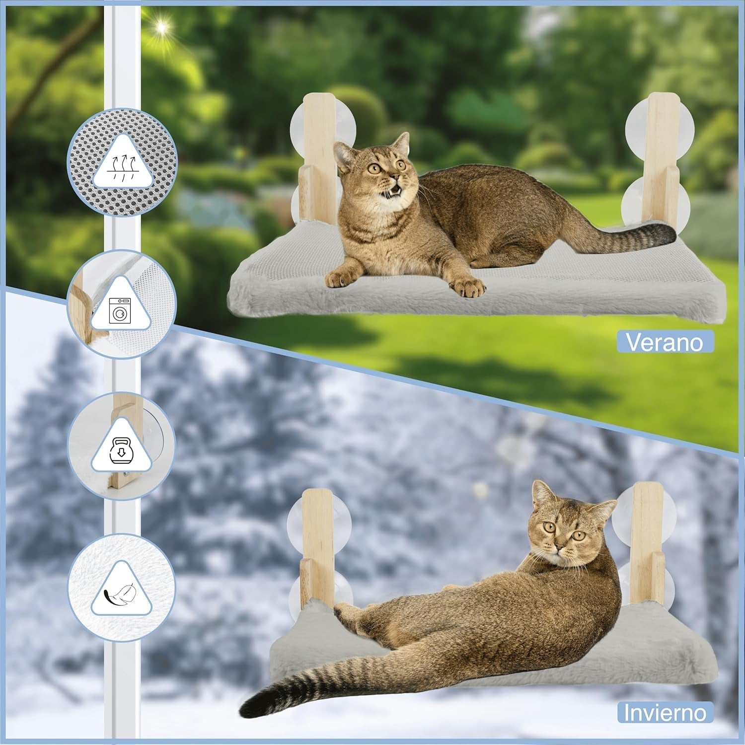 Hamac pentru pisici, fereastră, din lemn, pliabil, pat pentru pisici, pervaz, cu pătură reversibilă pentru iarnă și vară, hamac pentru pisici cu 4 ventuze, pat pentru pisici cu fereastră pentru pisici și