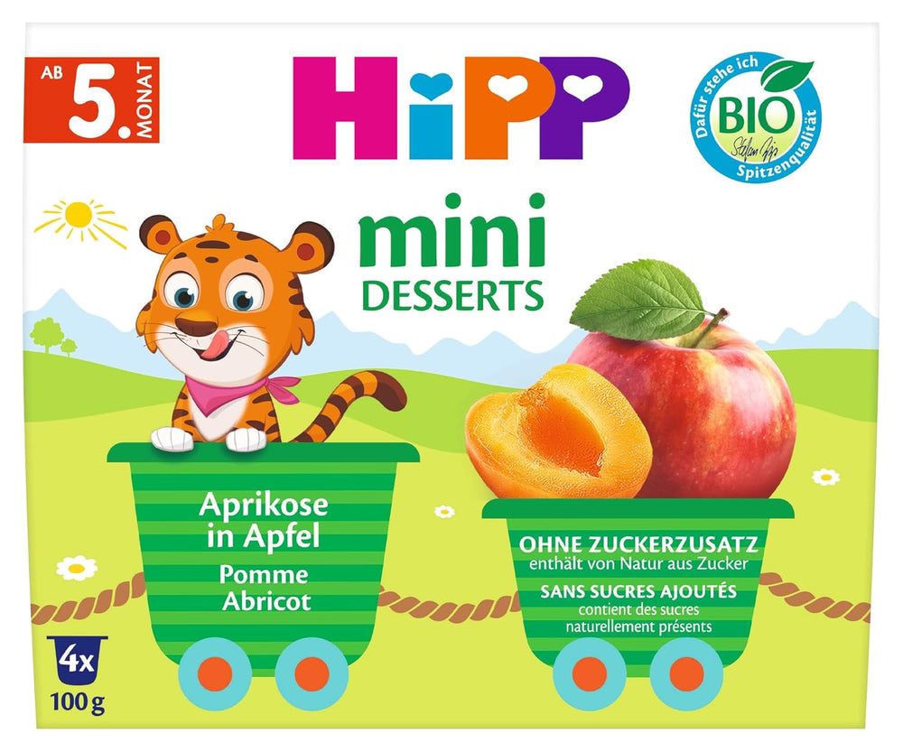 HiPP Organic Mini Dessert with Apricot and Apple (pack of 6 x 4 x 100g), from 5 months, in practical cups, no added sugar, best organic quality