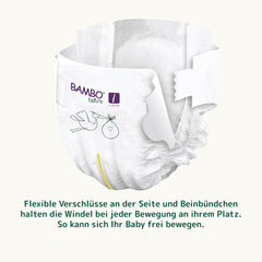 Scutece Bambo Nature pentru bebeluși, mărimea 1 (2-4 kg), cutie lunară de 132 bucăți | Scutece premium cu protecție îmbunătățită împotriva scurgerilor | Confort și libertate supreme pentru nou-născuți | Scutece testate dermatologic