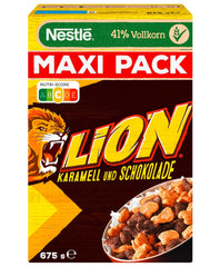 Nestlé Lion Cereal, Chocolate Caramel Flavored Corn Flakes, 41% Vital Whole Grains, Vitamins & Minerals, Crunchy Flakes, Maxi Value Pack, Pack of 4 (4 x 675g)