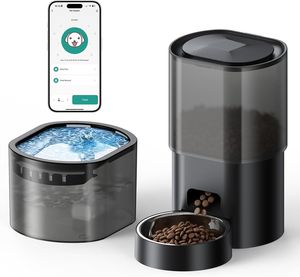 3L Automatischer Katzenfutterspender 2.5L Katzenbrunnen-Set, geräuscharmes App-steuertees Fernfütterungsgerät mit 10 Mahlzeiten per Tag, Anti-Verstopfungs-Design, ideal für Katzen & Welpen