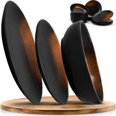 Set de veselă din gresie, format din 12 piese – Prairie Line – design elegant în tonuri de maro/negru, set format din 4 farfurii de cină, 4 farfurii de desert și 4 farfurii de sumă/Colecția Premium