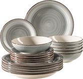 MÄSER 931875 Bel Tempo II, Teller-Set Für 6 Personen Im Modernen Vintage Look, 18-Teiliges Tafelservice, Handbemaltes Keramik-Geschirr Service, Steingut, Rauchblau Seturi vesela masa Naty Shop Rauchblau