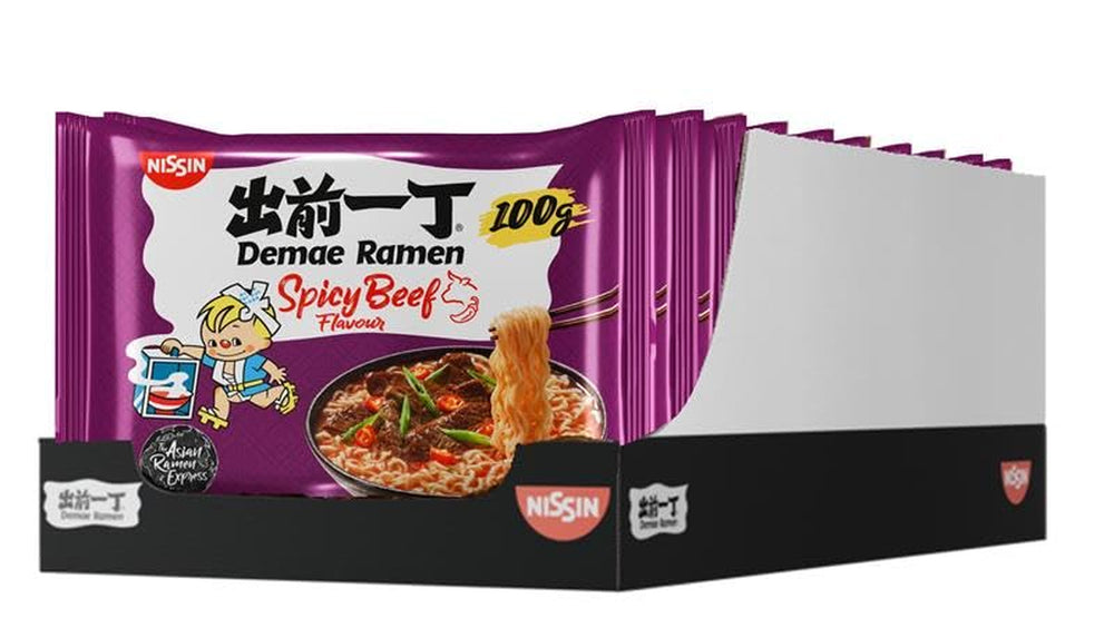 Nissin Demae Ramen - Spicy Beef 10 Pack Japanese Style Instant Noodles with Beef Flavor and Asian Spices Quick and Easy to Prepare Asian Food (10 x 100g)
