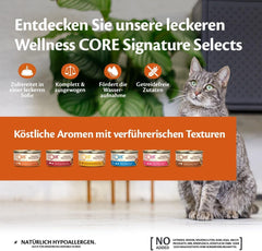 Wellness CORE Signature Selects 8 x 79g, Mix Vită, Pui și Curcan – Hrană umedă pentru pisici, fâșii delicioase în sos, fără cereale, naturală, hipoalergenică, bogată în proteine, conținut ridicat de carne