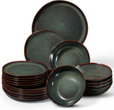 Set de veselă pentru 6 persoane, set de servire din gresie, format din 18 piese, boluri rotunde neregulate pentru cereale, farfurii de desert, farfurii de cină, rezistent la zgârieturi și potrivit pentru cuptorul cu microunde, verde mușchi reactiv