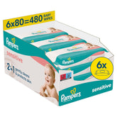 Pampers Sensitive Wet Wipes, 6 packs of 80 wipes = 480 wipes, unscented, for gentle, gentle cleaning