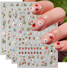 JMEOWIO 3D Nagelsticker Blumen Frucht Nail Art Sticker Selbstklebend Nagelaufkleber 5D Stereoskopisch Dekoration Nageldesign Zubehör 4 Blatt