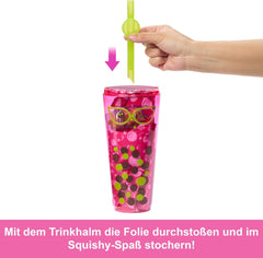 Păpușa Barbie Pop Reveal Bubble Tea și accesorii, Păpușă la modă parfumată Berry Bliss cu animal de companie, 8 surprize, inclusiv schimbător de culoare, cană de depozitare, HTJ20