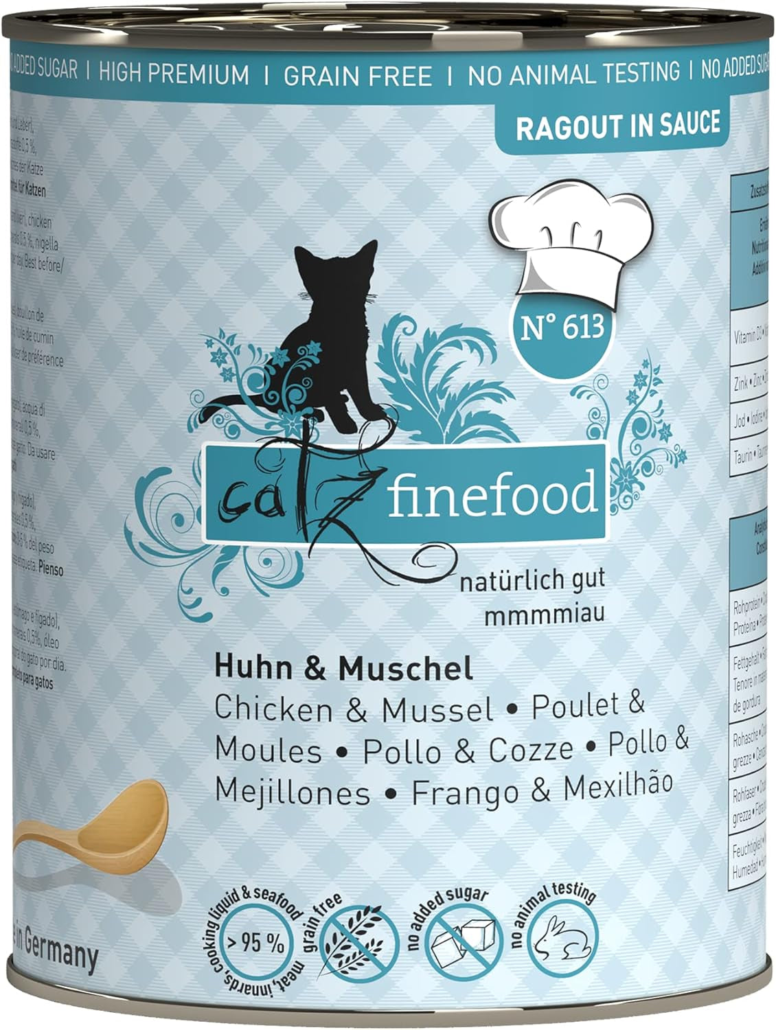 Catz Finefood Ragout N° 605 Salmon & Duck Cat Food Wet - hrană umedă delicatessen pentru pisici în sos fără cereale și zahăr cu conținut ridicat de carne, cutie 6 X 190 G