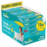 Pampers Fresh Clean Wet Wipes, 15 Packs of 80 Wipes, 1200 Wipes Total, Light Scent, Also Suitable for Hands and Face