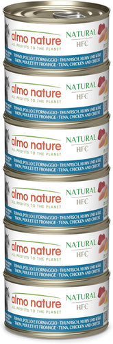 Almo Nature HFC Natural - Hrană umedă pentru pisici adulte - Ton, Pui și Brânză - Calitate umană, Fără gluten - 6 x 70g