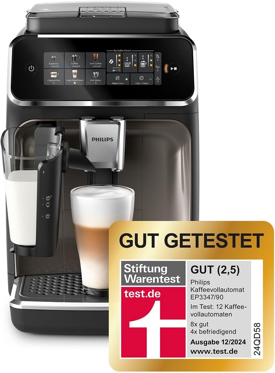 Espressor automat PHILIPS seria 3300 - 6 băuturi, ecran tactil color modern, sistem de preparare a laptelui LatteGo, SilentBrew, râșniță 100% ceramică, filtru AquaClean. Crom negru (EP3347/90)