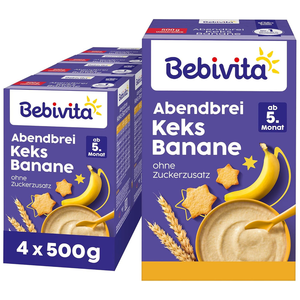 Evening porridge with biscuits and bananas (4x500g), milk porridge from 5 months, no added sugar, with valuable minerals and vitamins, very filling