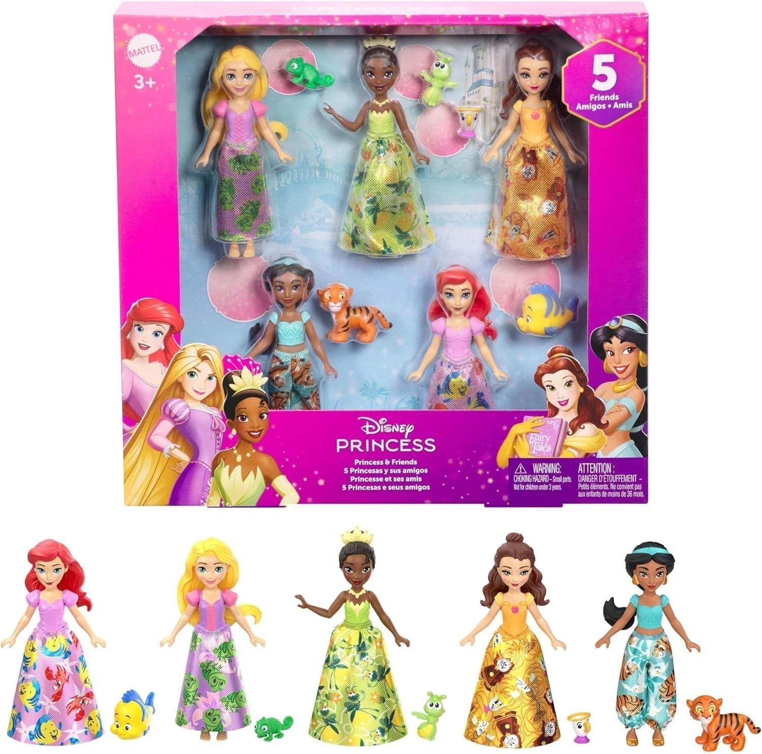 Mattel Disney Princess Transforming Playset Carriage to Castle With Little Aurora Doll, 3 nivele, 6 zone de joc, 4 figuri, mobilier și accesorii HWX17 Papusi Naty Shop Set de prieteni