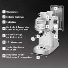 CASO EspressoGourmet Crema - Espressor portafiltru cu spumator de lapte, espresso, cappuccino, portafiltru din oțel inoxidabil, pompă ULKA 20 bar, aparat de cafea, cafea măcinată, capsule ESE