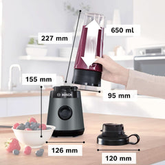 Bosch Mini-Standmixer Vitapower Serie 2 MMB2111S, Highspeed-Mixer, Bis Zu 40,000 Rpm, Tritan Togo-Flasche 0.6 L, Trinkdeckel, Bruchsicher, Spülmasch.Geeignete Teile, 450W, Silber/Schwarz Kitchen Naty Shop