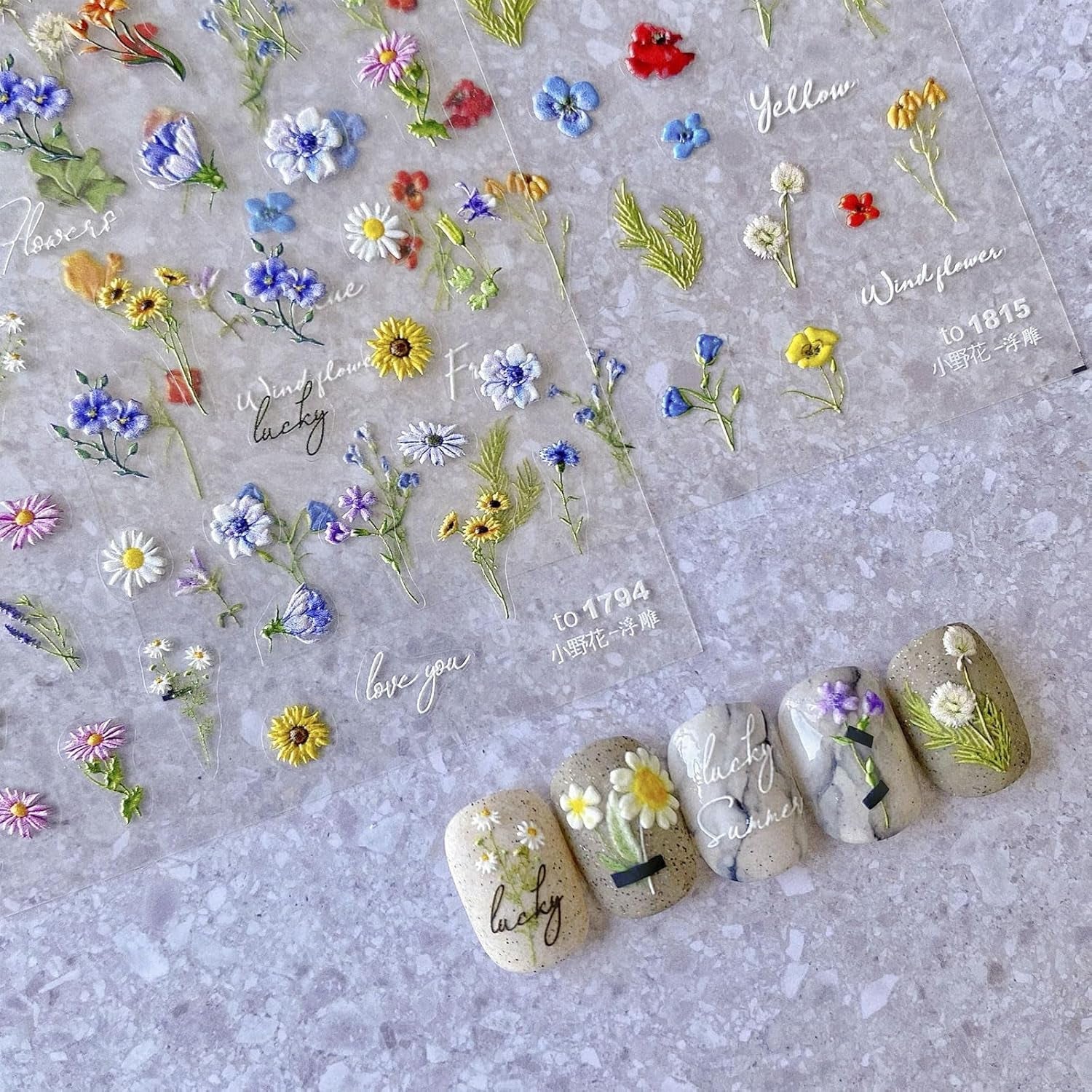 JMEOWIO 3D Nagelsticker Bunte Blumen Nail Art Sticker Selbstklebend Nagelaufkleber 5D Stereoskopisch Frühlings Sommer Blumen Dekoration Nageldesign Zubehör 2 Blatt