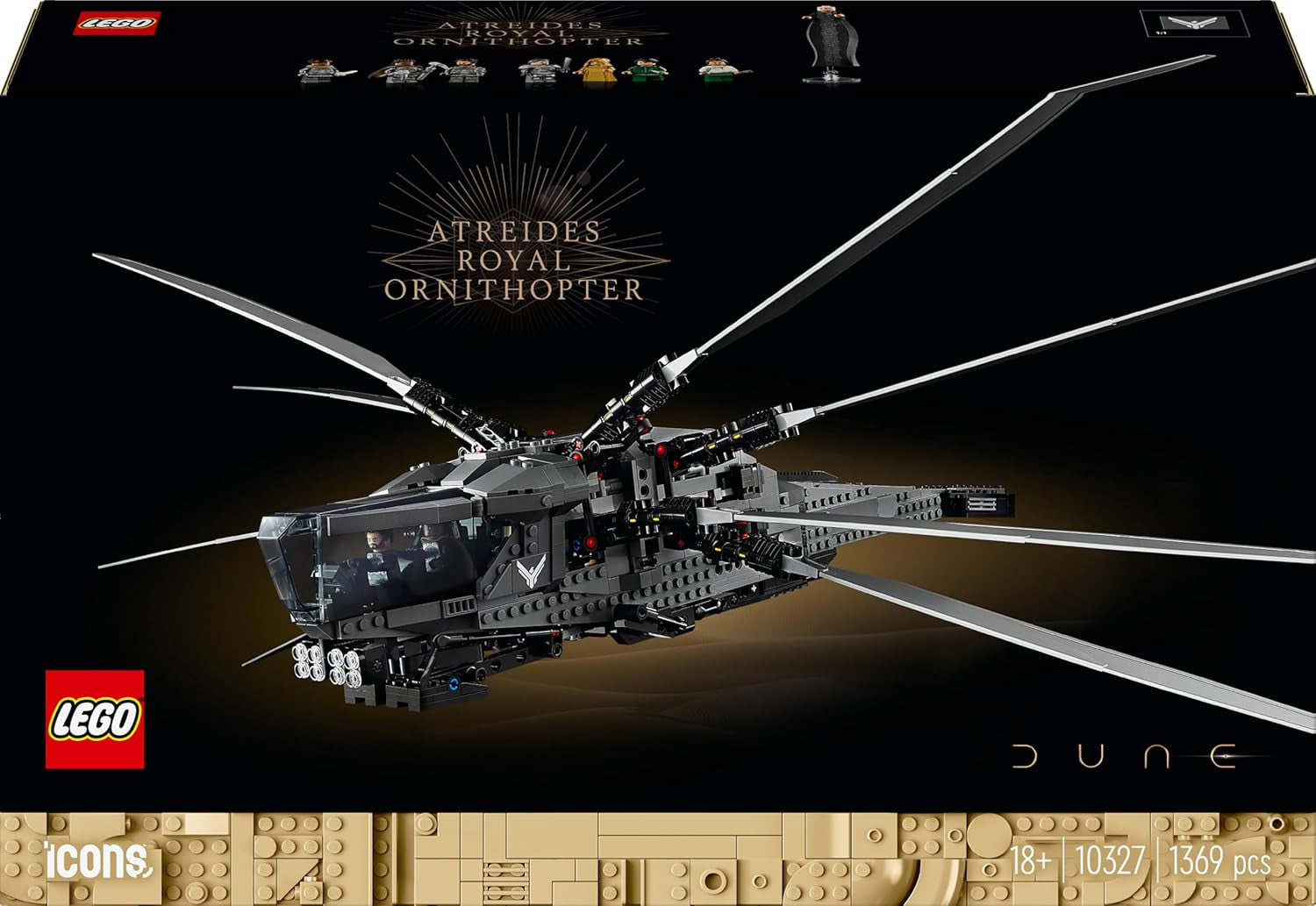 LEGO 10327 Icons Dune Atreides Royal Ornithopter, set de colecționat pentru adulți, cadou de film pentru bărbați, femei și fani, aeronavă model cu 8 figuri, inclusiv Paul Atreides și baronul Harkonnen Seturi de constructie Besuche den LEGO-Store