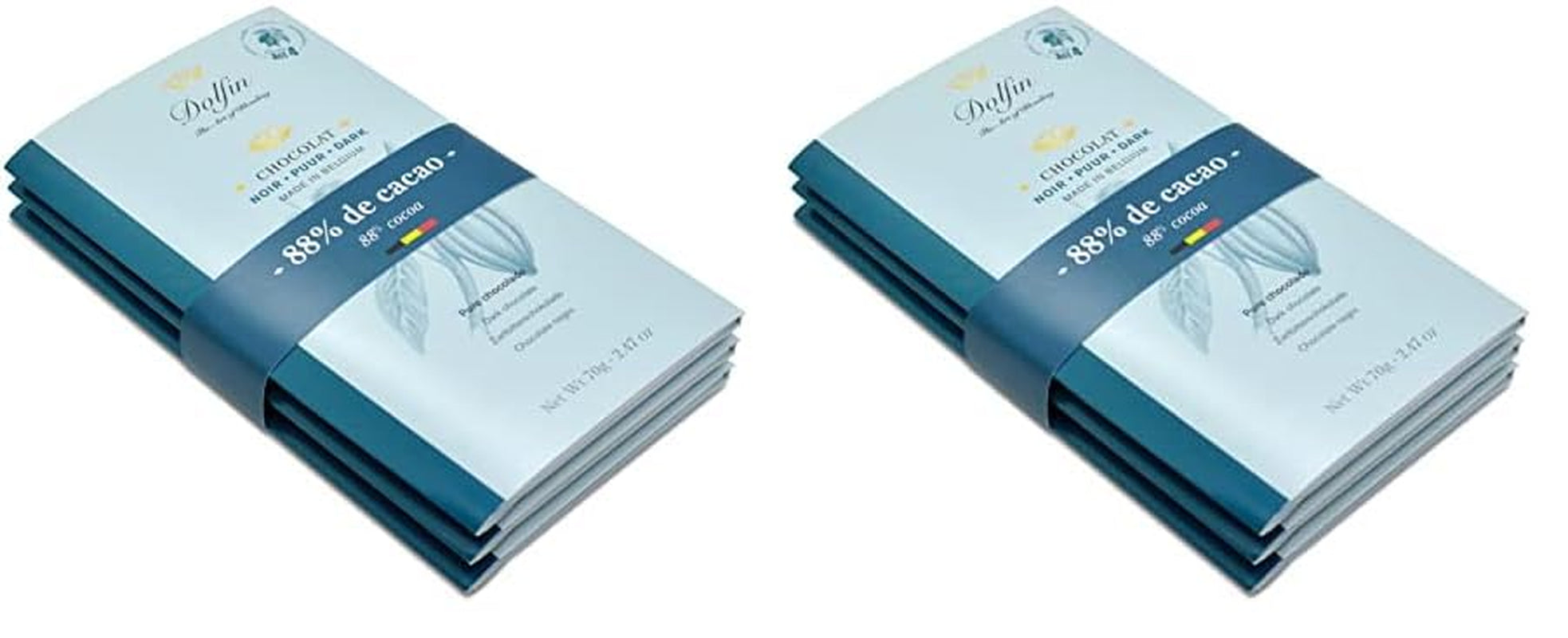 Dolfin Pachet de 3 ciocolată cu diverse arome - ciocolată artizanală belgiană, 210 g Bomboane de Ciocolata Naty Shop 210 G (2 seturi x 3 tablete) Cacao 88%