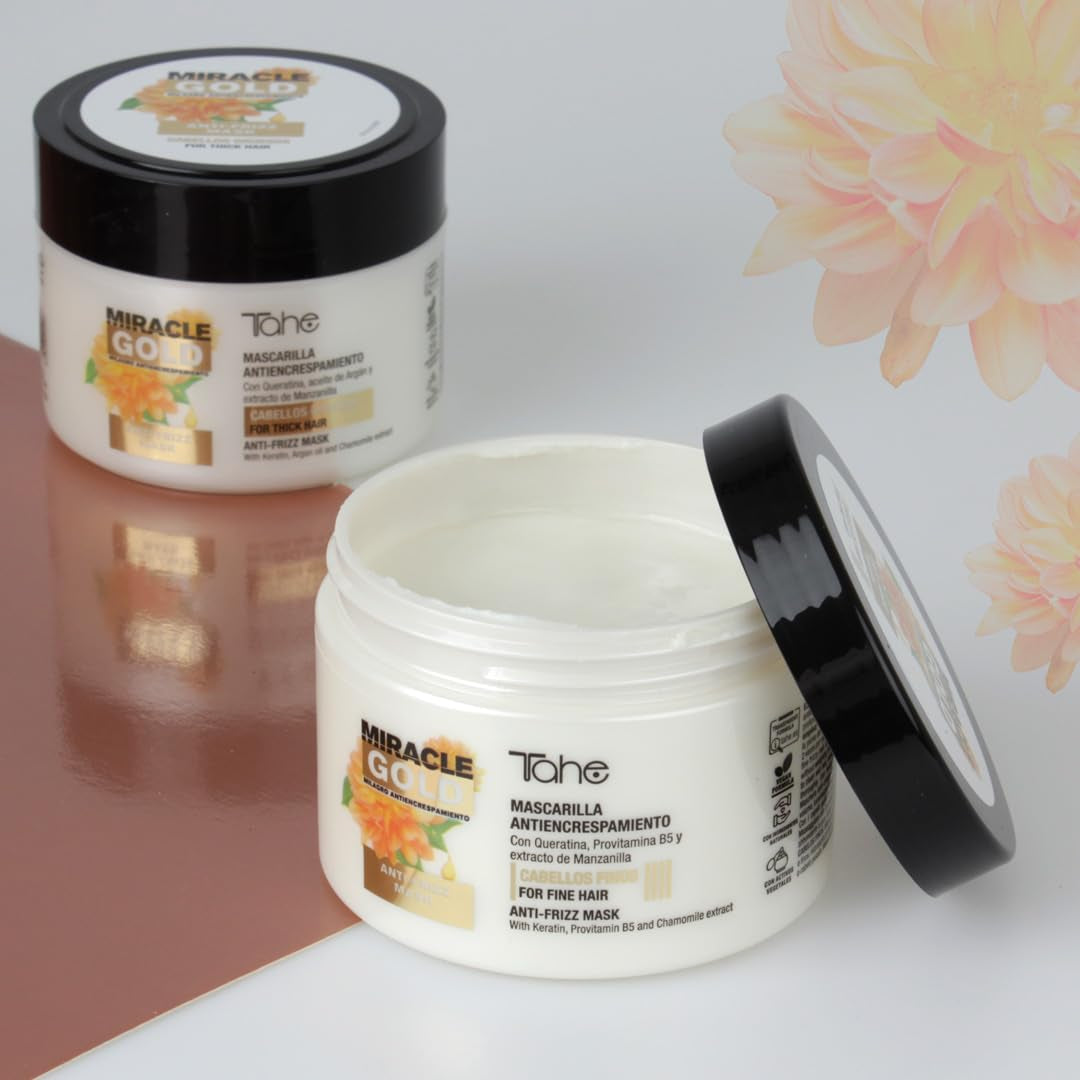 Mască anti-frizz Miracle Gold pentru păr fin cu keratină, provitamina B5 și extract de mușețel, 300 ml Masca de par Naty Shop