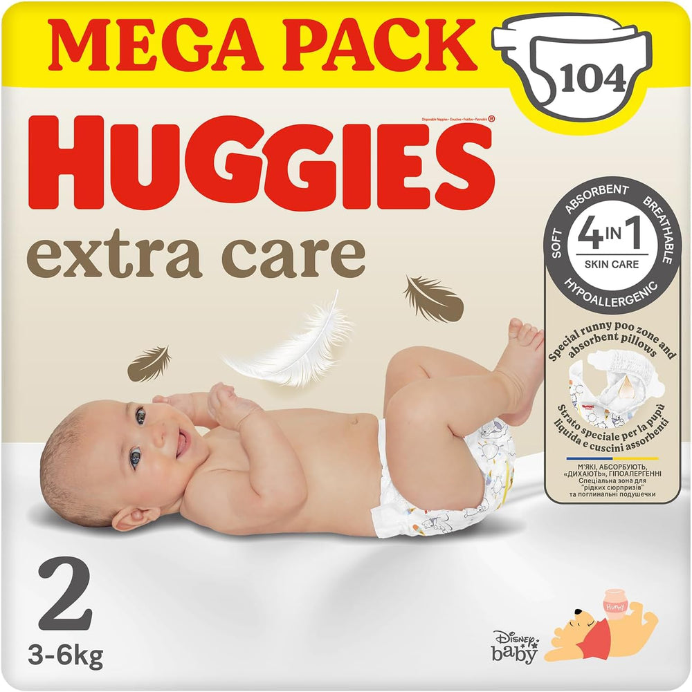 Huggies Extra Care Baby Diapers, Size 2 (3-6kg), Super Absorbent, Disney Design, Mega Pack, 104 Pieces