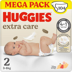 Huggies Extra Care Baby Diapers, Size 2 (3-6kg), Super Absorbent, Disney Design, Mega Pack, 104 Pieces